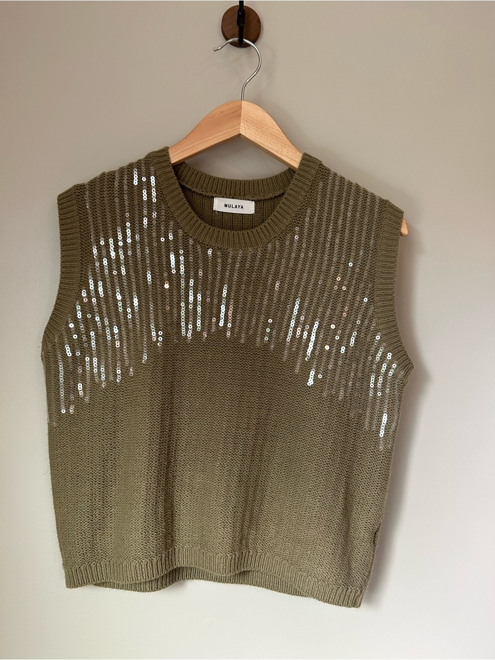 Mulaya Olive Green Sequin Knit Sweater Vest Sleeveless Sparkle Top